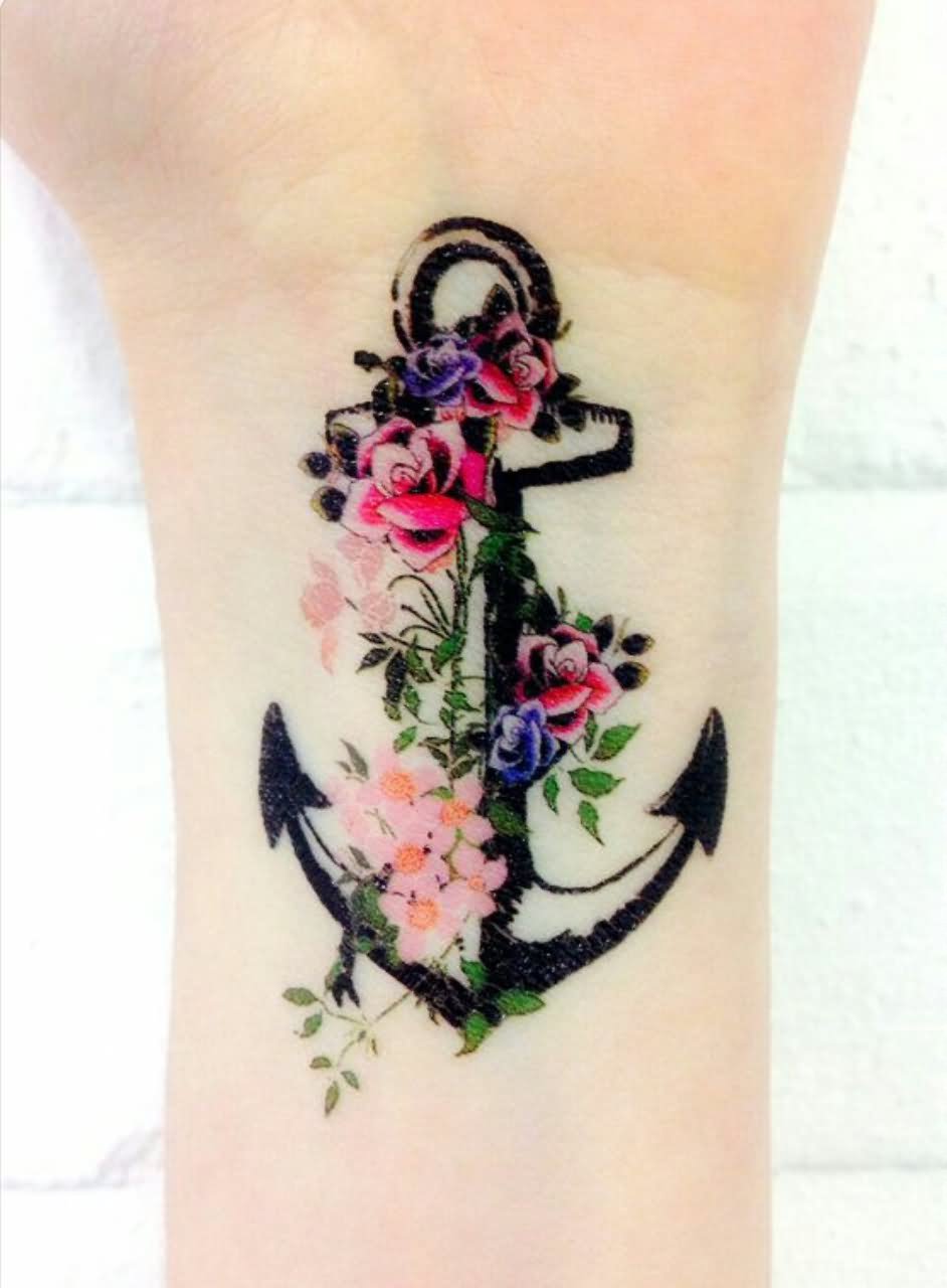 Colorful Flowers And Anchor Tattoo On Wrist For Girls