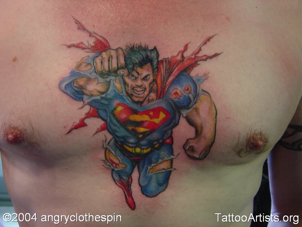 Colorful Superman Bustin Tattoo On Man Chest