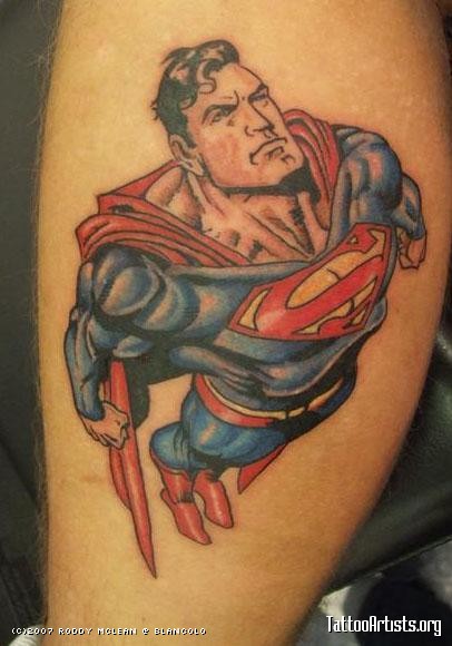 Colorful Superman Tattoo Design For Leg Calf