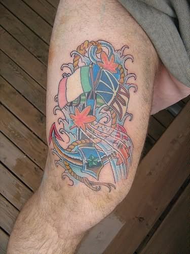 Colorful Water And Anchor Tattoo On Right Thigh