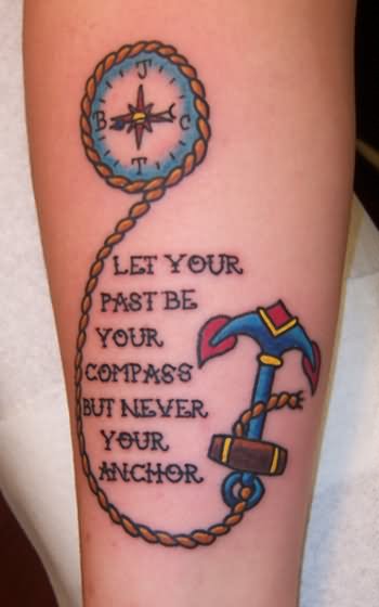 Compass And Anchor Tattoo With Quote On Forearm