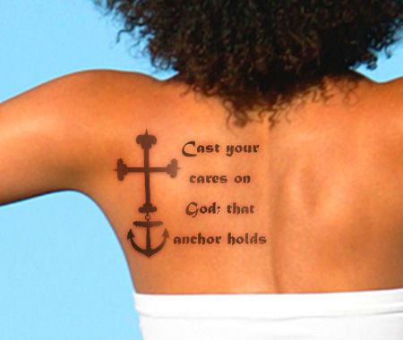 Cross And Anchor With Quote Tattoo On Left Back Shoulder