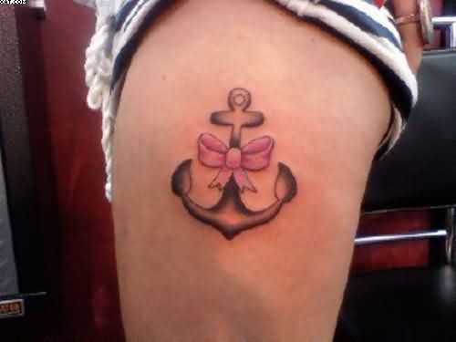 Cute Bow And Anchor Tattoo On Thigh