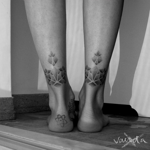 Dotwork Flower Tattoo On Both Achilles