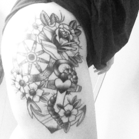 Flowers And Anchor Tattoo On Thigh