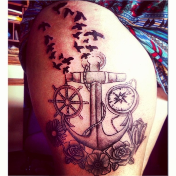 Flying Birds And Anchor Tattoo On Side Thigh