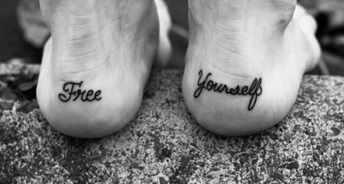 Free Yourself Lettering Tattoo On Both Achilles