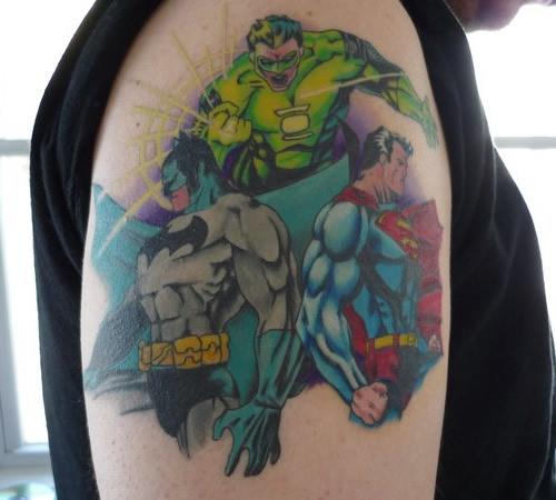 Green Lantern, Batman And Superman Tattoo On Right Shoulder