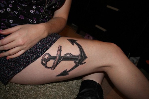 Grey Anchor Tattoo On Girl Right Thigh