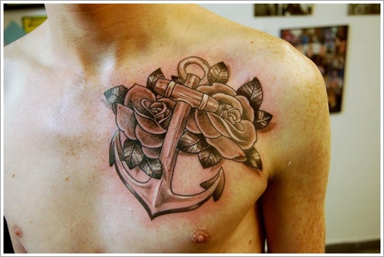 Grey Rose Flowers And Anchor Tattoo on Chest