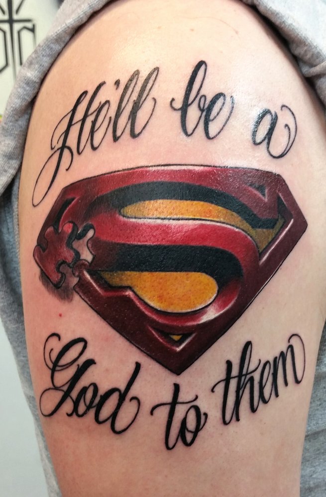 Hell Be A God To Them - Puzzle Superman Logo Tattoo On Shoulder