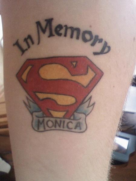 In Memory - Superman Logo With Banner Tattoo Design For Arm