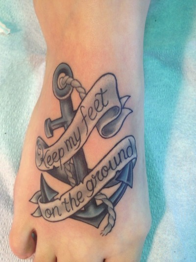 Keep My Feet On The Ground Banner With Anchor Tattoo On Right Foot