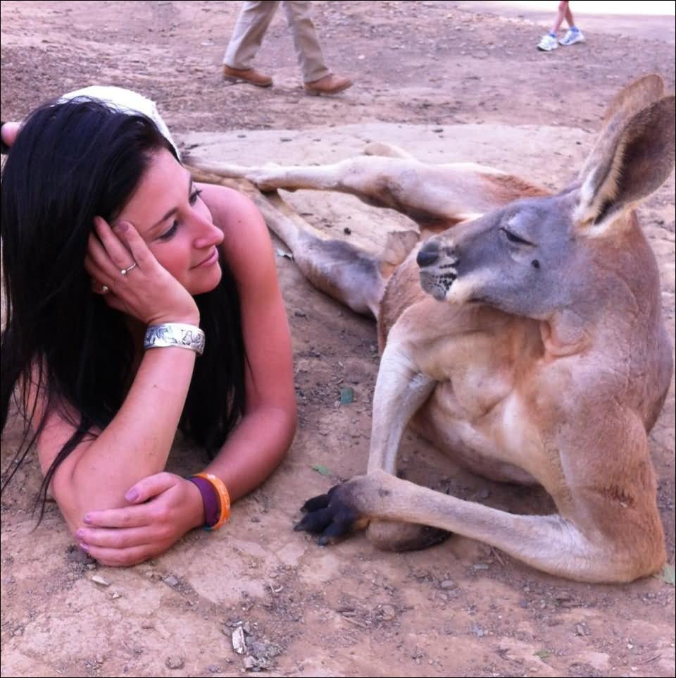 Lay Down Girl With Kangaroo Funny Image
