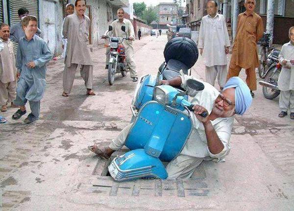 Manmohan Singh Stuck In Gutter With Scooter Funny Photoshopped Image