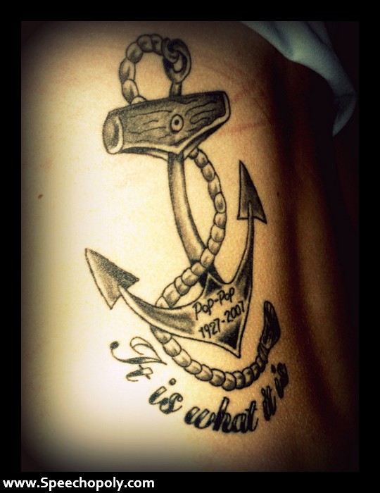 Memorial Anchor With Quote Tattoo On Side Rib