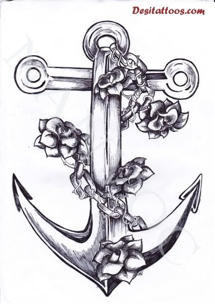Nice Flowers And Anchor Tattoo Design Idea