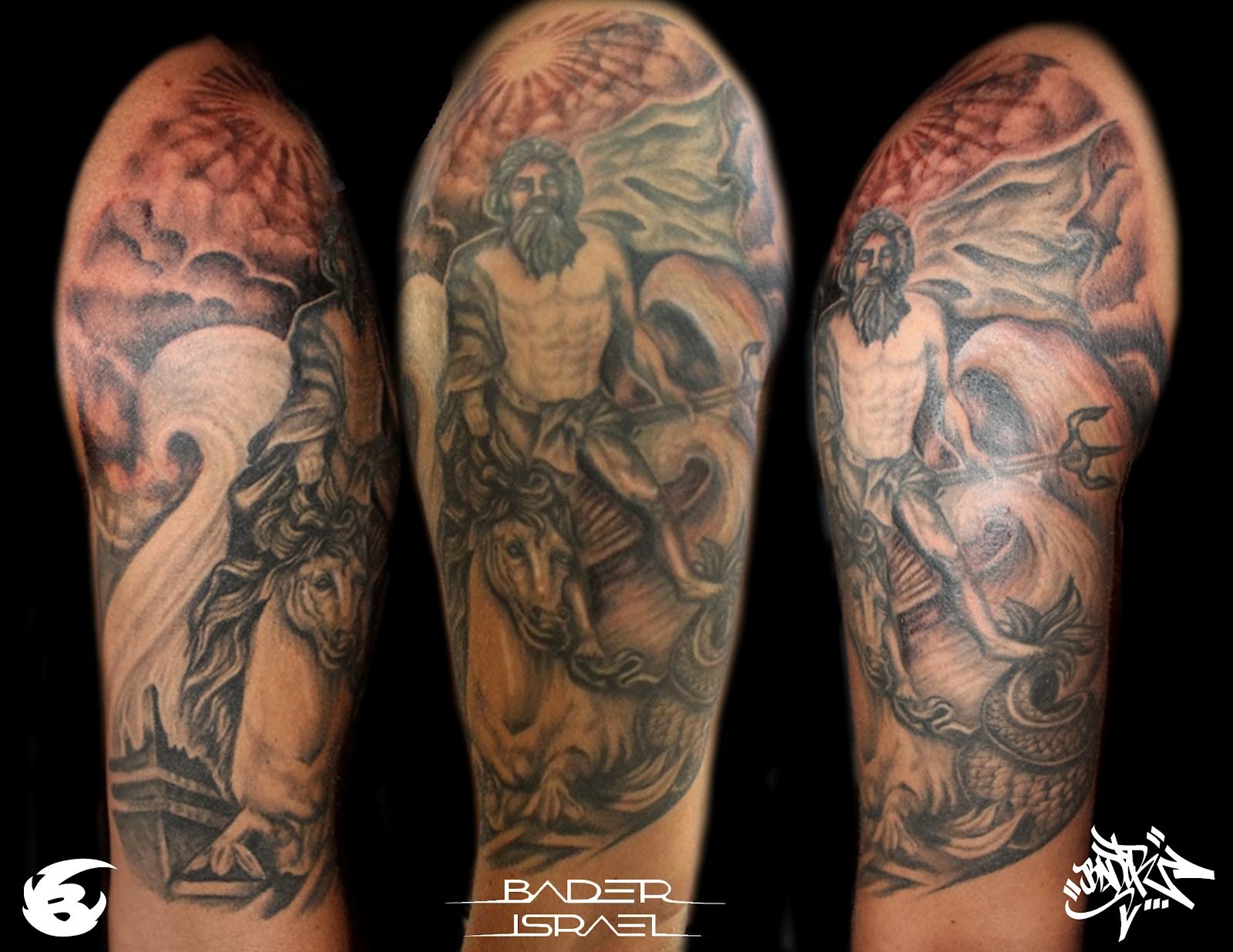 Old Achilles Man Tattoo On Half Sleeve