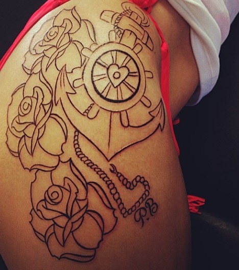 Outline Rose Flower And Anchor Tattoo On Side Thigh For Girls