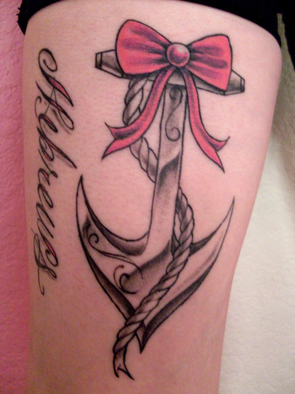 Pink Bow On Anchor Tattoo On Thigh