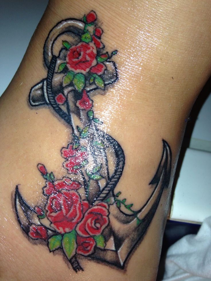 Red Flowers And Grey Anchor Tattoo