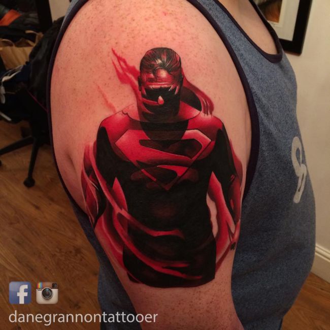 Red Ink Superman Tattoo On Left Half Sleeve By Dane Grannon