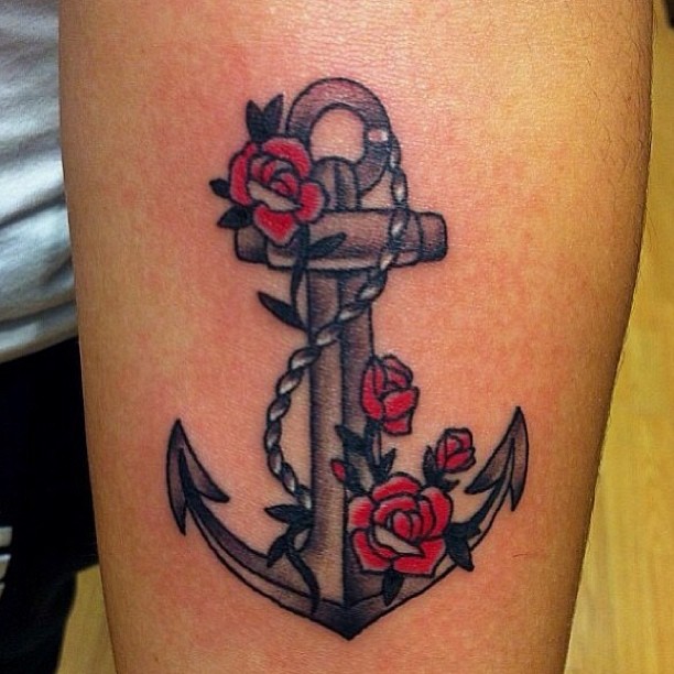 Red Rose Flowers And Anchor Tattoo On Arm Sleeve