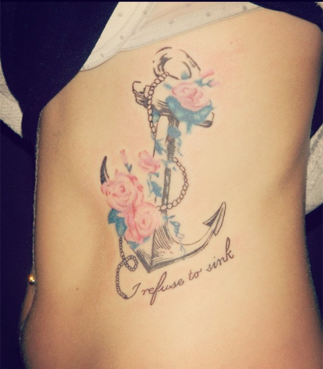 Refuse To Sink Flowers And Anchor Tattoo on Side Rib