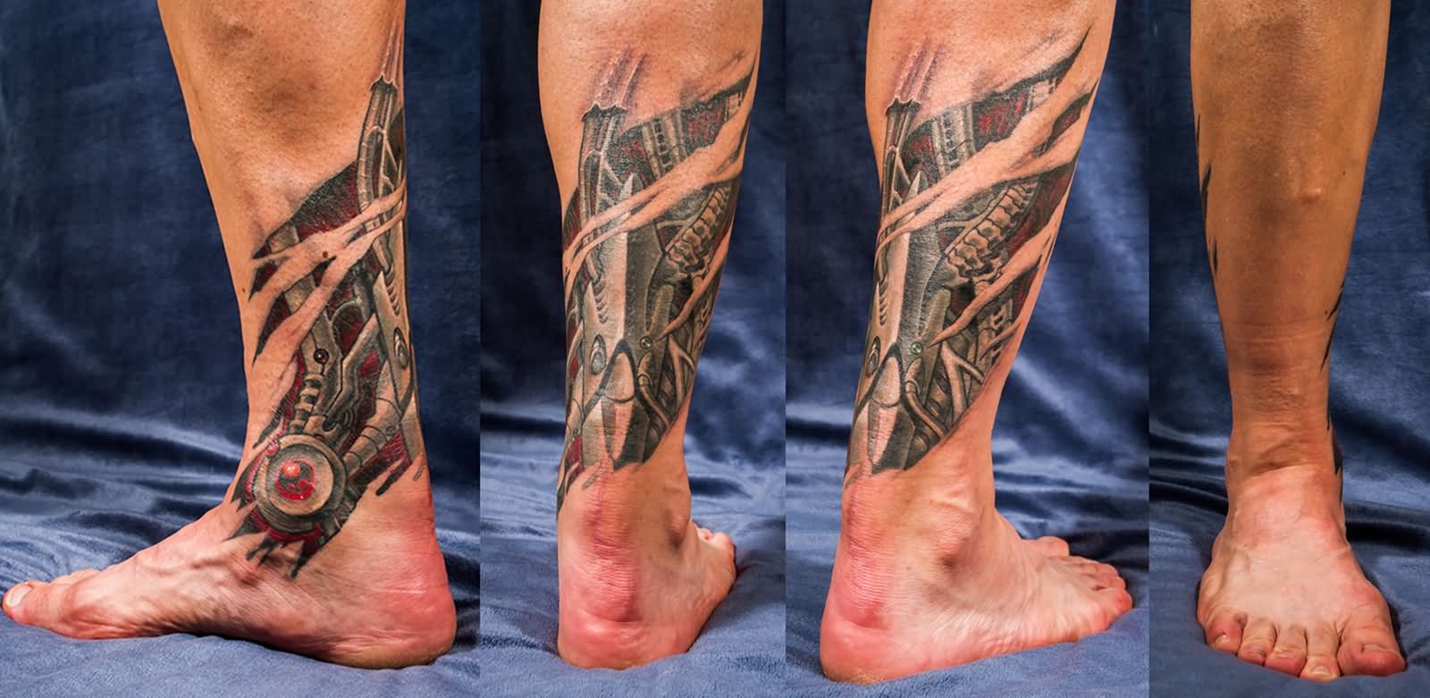 Ripped Skin Biomechanical Tattoo On Achilles