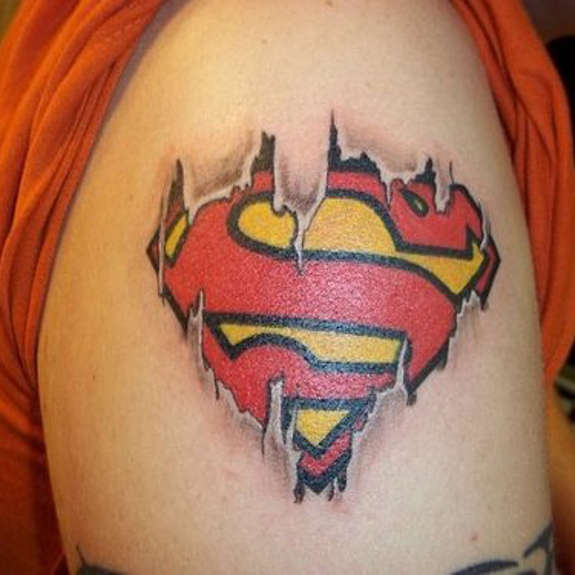 Ripped Skin Superman Logo Tattoo Design For Shoulder