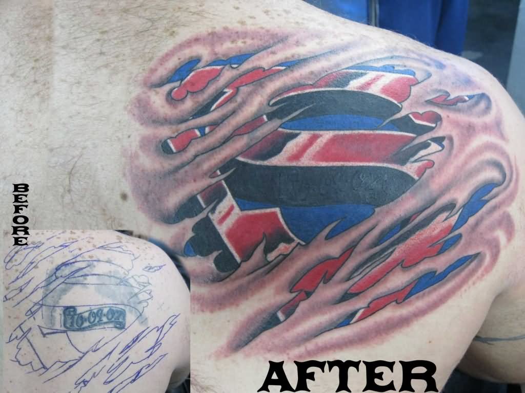 Ripped Skin Superman Logo Tattoo On Right Back Shoulder