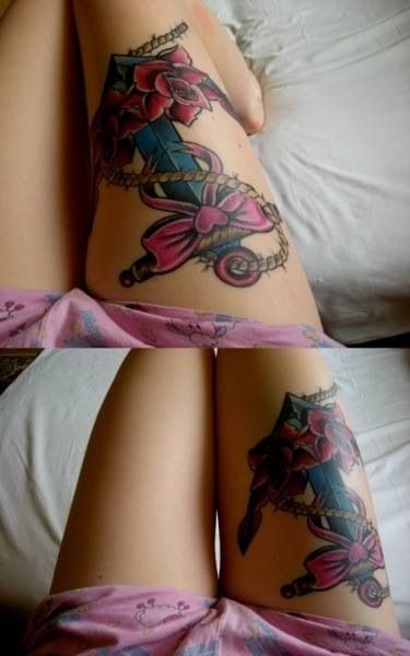 Rope And Colorful Anchor Tattoo On Thigh