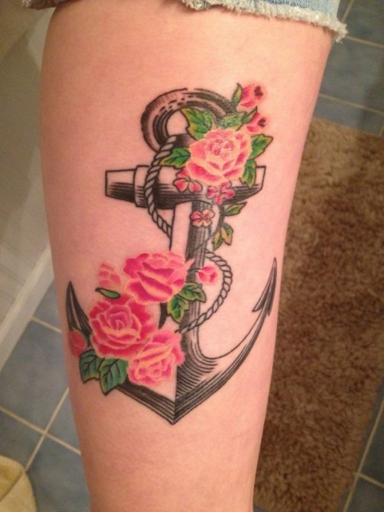 Rose Flowers and Anchor Tattoo On Leg