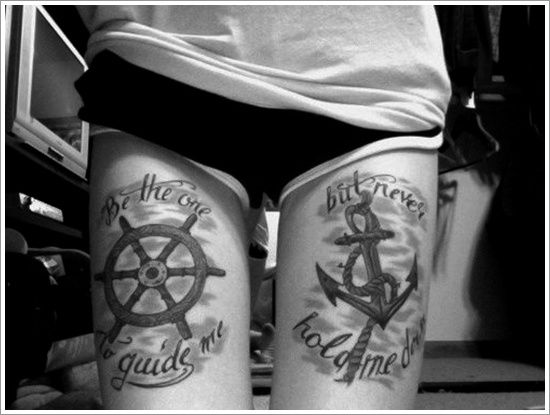 Sailor Compass And Anchor Tattoos On Both Thigh