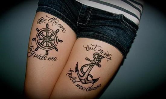Sailor Wheel And Anchor Tattoos On Thigh