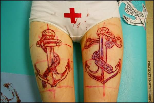 Scarification Anchor Tattoos On Both Thigh