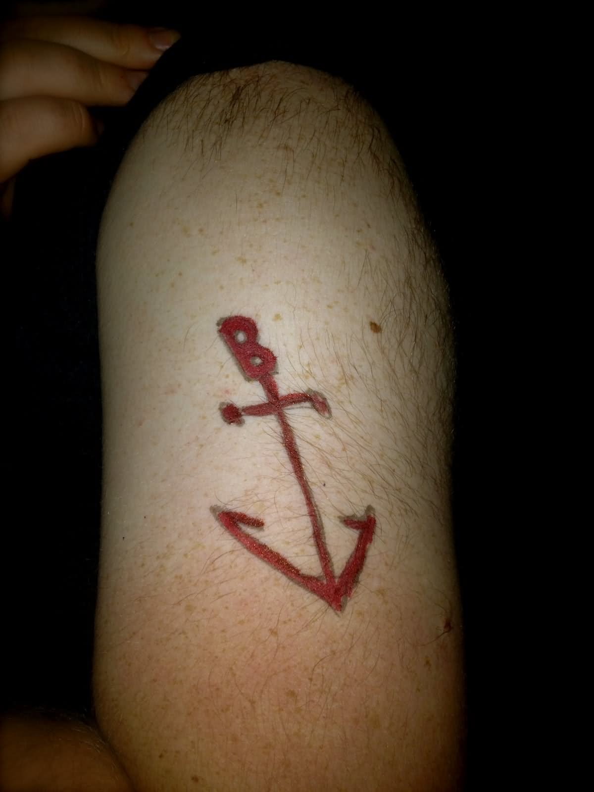 Simple Red Anchor Tattoo On Left Half Sleeve