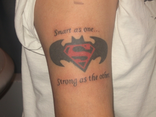 Smart As One Strong As The Other - Batman And Superman Logo Tattoo Design For Half Sleeve