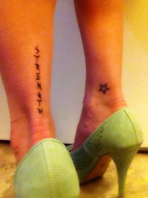 Strength Lettering And Tiny Star Tattoo On Girl Both Achilles
