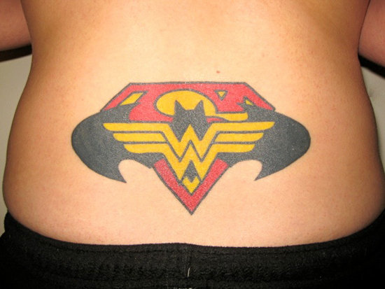 Superman And Batman Logo Tattoo On Lower Back