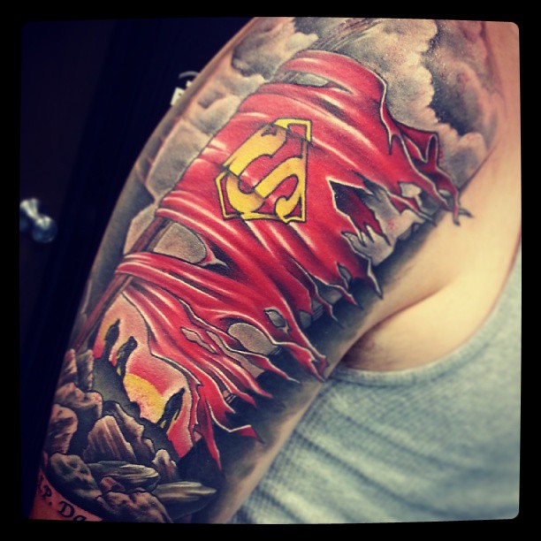Superman Torn Dress Tattoo On Man Right Half Sleeve By Josh Hansen