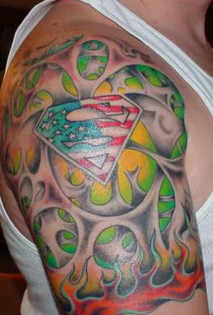 USA Flag In Superman Logo Tattoo On Man Right Shoulder