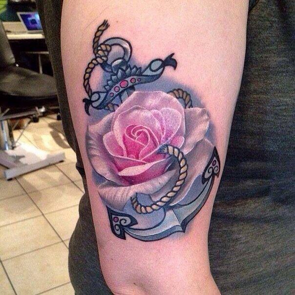 White And Pink Rose Flower Anchor Tattoo On Bicep