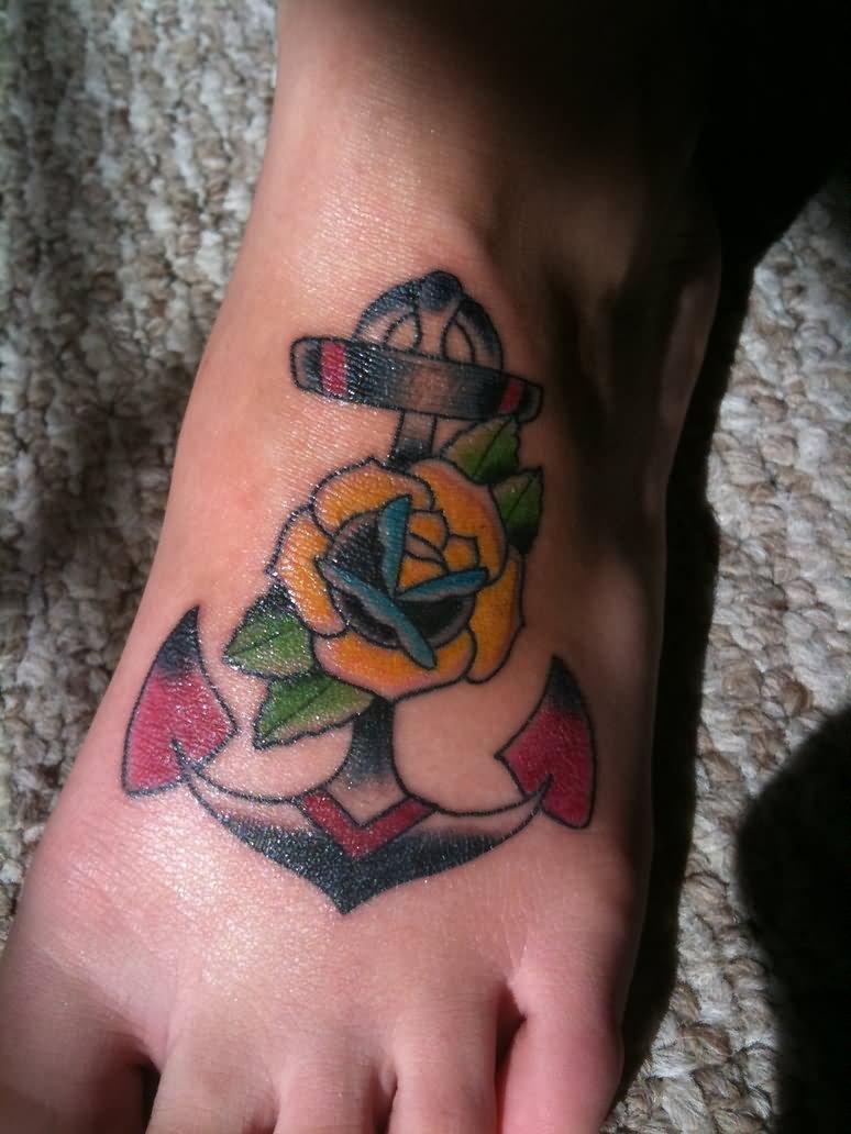 Yellow Rose and Anchor Tattoo On Foot