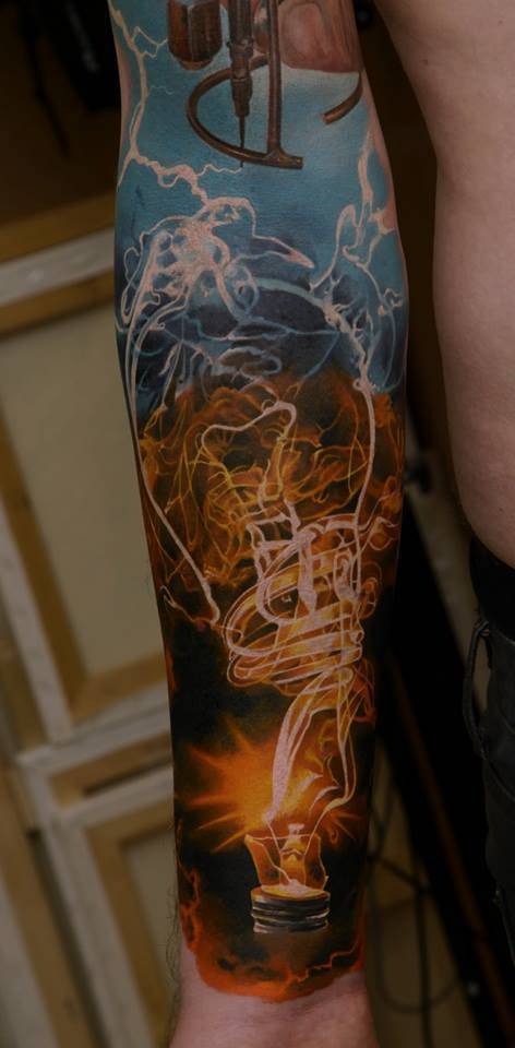 3D Colorful Bulb Tattoo On Arm Sleeve For Men