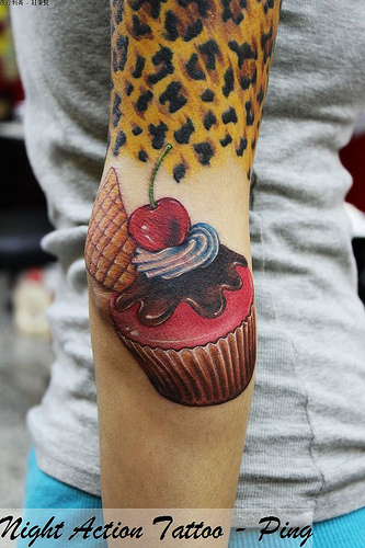 3D Colorful Cupcake Tattoo Design For Sleeve