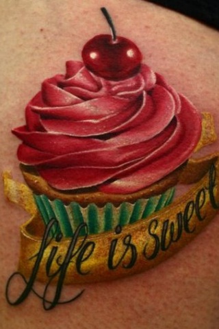 3D Colorful Cupcake With Banner Tattoo Design