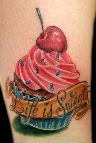 3D Cupcake With Banner Tattoo Design
