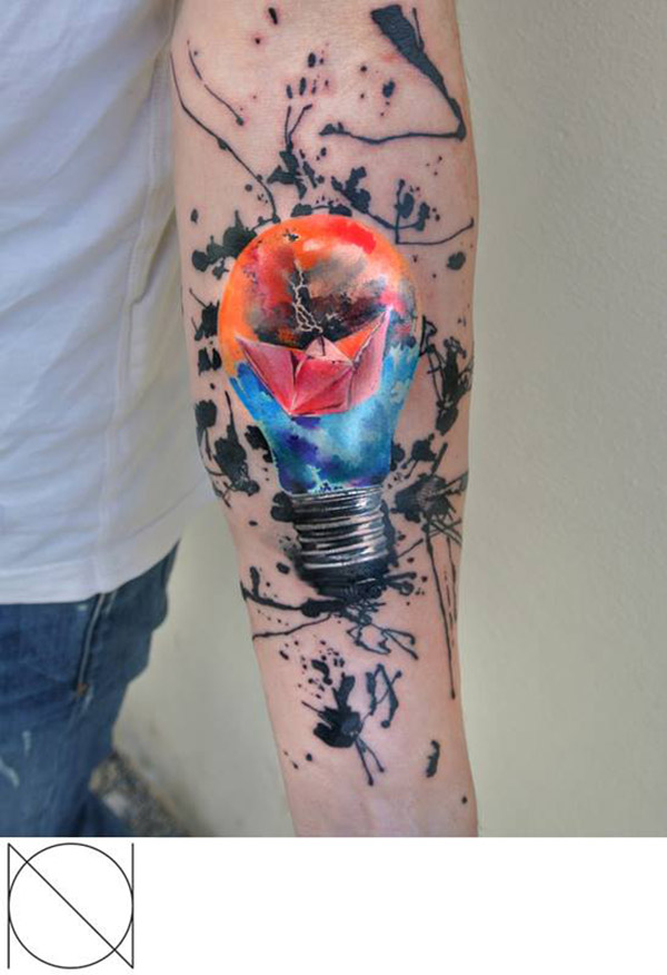 Abstract Watercolor Bulb Tattoo On Left Forearm