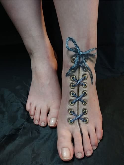 Amazing 3D Corset Tattoo On Foot